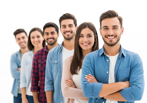 Diverse group of young adults standing in a line smiling