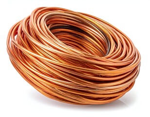 Coiled copper wire spool on white background, metallic sheen