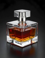Square perfume bottle with a silver top, filled with amber liquid