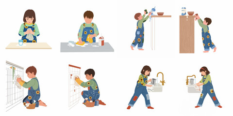 Fototapeta premium Children learning household chores and cleaning up spills, fostering independence and responsibility through engaging domestic activities.