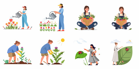 Fototapeta premium Joyful women gardening, harvesting fresh produce, watering flowers, and exploring nature with a child, celebrating outdoor life.