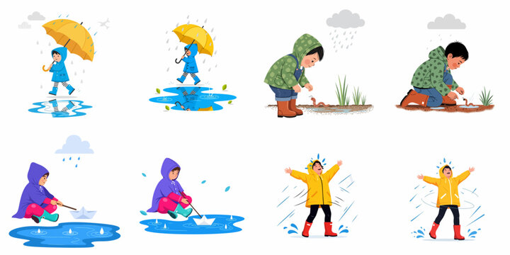 Happy Children Playing in the Rain: Splashing in Puddles, Exploring Nature, and Sailing Paper Boats in Colorful Raincoats and Boots - Joyful Rainy Day Activities