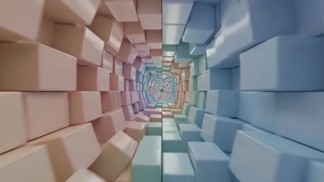 Perspective view of a colorful 3D tunnel made of pastel-colored cubes leading to a blurred background with a shallow depth of field.