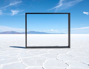 Square frame on white salt flat, views of distant mountains and clouds