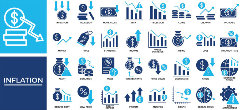 Inflation icon set collection. Containing rising, statistics, value, increase, recovery, loss, report .Solid vector icons collection