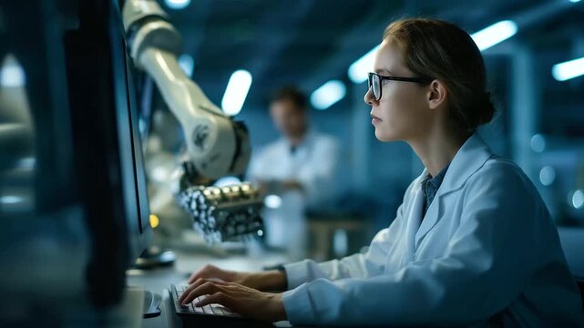 Faceless female mechanical engineer designing 3D engine on computer heavily defocused factory background anonymous male automation engineer programming robotic arm industrial