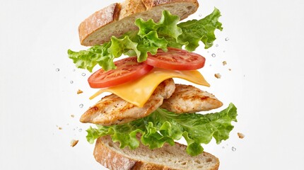 Delicious grilled chicken sandwich with cheese, tomato, and lettuce exploding in mid-air