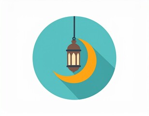 Fototapeta premium Ramadan Mubarak Flat Design Icon featuring an Ornate Islamic Lantern and Golden Crescent Moon, Symbolizing Holy Month Celebrations and Spiritual Traditions on a Vibrant Teal Background
