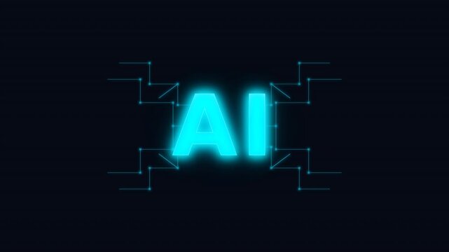 Glowing cyan AI letters shimmer amid circuit tracings on a dark backdrop, futuristic tech visuals!!!