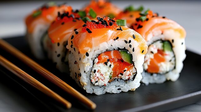 Close-up of a perfectly arranged plate of salmon sushi rolls with black sesame seeds and orange tobiko roe garnished with chopped green onions with chopsticks resting on the side