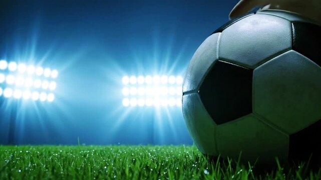 Soccer ball on grass under stadium lights with dramatic blue sky and copy space, Video For sports and world cup campaign