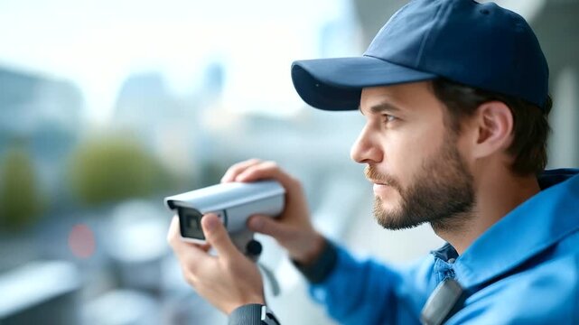 Faceless technician installing CCTV camera system heavily defocused security area background anonymous professional with surveillance setup monitoring equipment installation