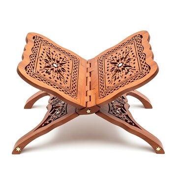 Intricately carved wooden bookstand in butterfly shape isolated on white background for ramadan