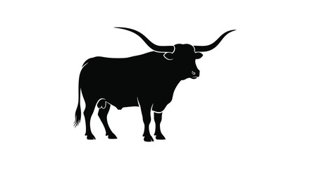 A striking black silhouette depicts a longhorn bull standing in profile showcasing its impressive horns and form silhouette © Asikder02