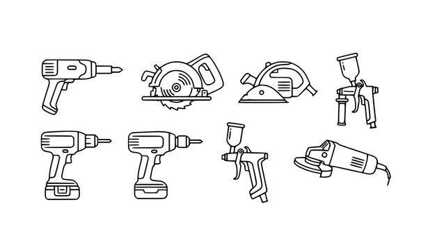 Power Tools Outline Icons Set with Cordless Drill Circular Saw and Angle Grinder Editable Stroke Vector