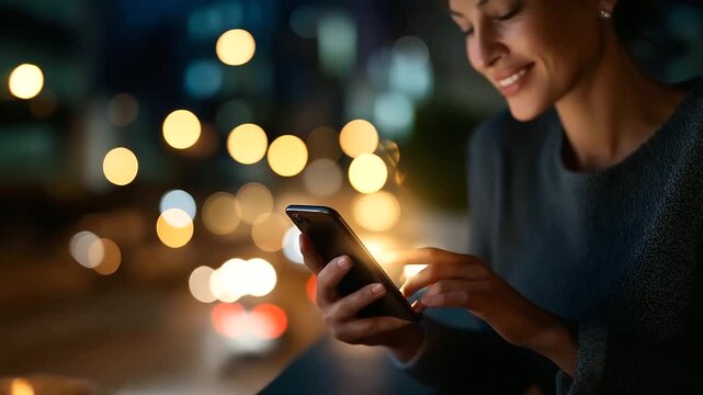 Faceless woman with smartphone device heavily defocused background anonymous person using mobile technology digital communication setup modern lifestyle scene with copy space