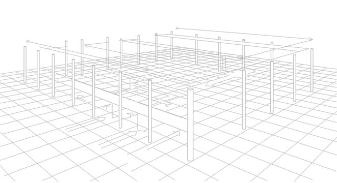 Abstract 3D Wireframe Construction Grid Blueprint Isolated White Background