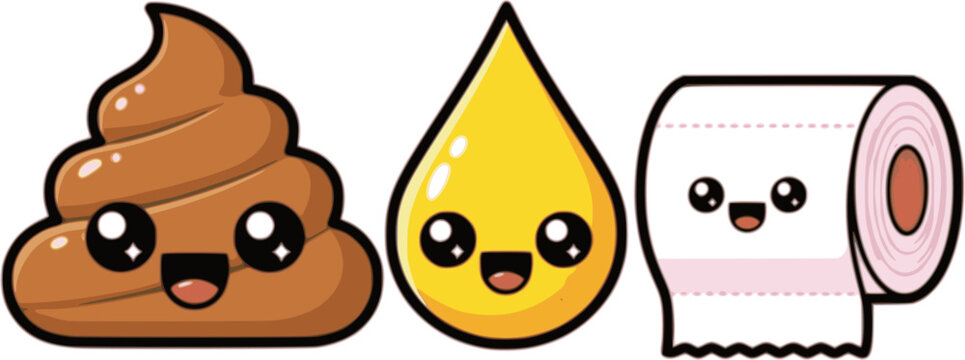 Cute cartoon poop, pee and toiler paper characters, children potty training mascots. Pile of feces, drop of urine and tissue roll with funny faces. Vector clip art illustration set.