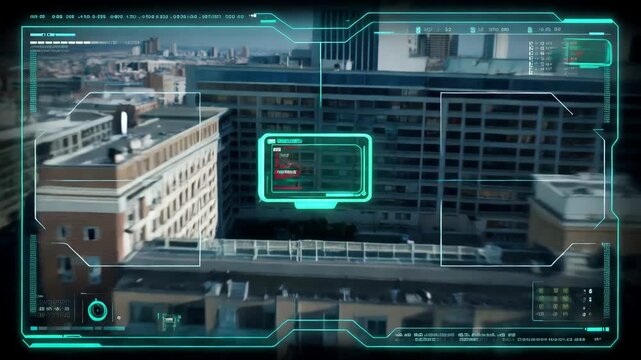 Futuristic hud interface overlooking urban cityscape animation for technology visuals and data analysis screen composites