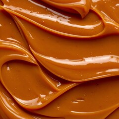 Swirling close-up of glossy, caramel-colored food, with reflective surface