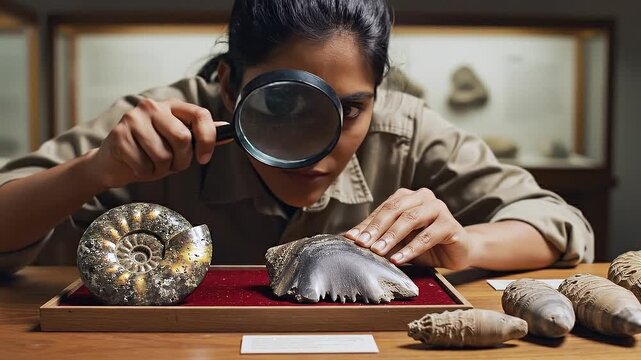 Paleontologist examines ancient fossils with magnifying glass in museum.