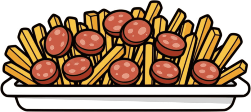 Salchipapas, traditional South American fast food in takeout box. Potato french fries with sliced sausages. Isolated vector clipart illustration

