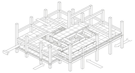 Naklejka premium Detailed isometric wireframe drawing illustrating a multi-story building framework with a central courtyard design and directional flow indicators.