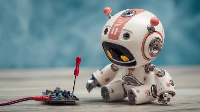 Small robot works on a circuit board in a workshop while focusing on its task during daylight with natural light coming through
