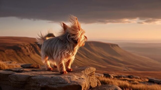 Yorkshire Terrier standing on a mountain peak at sunset