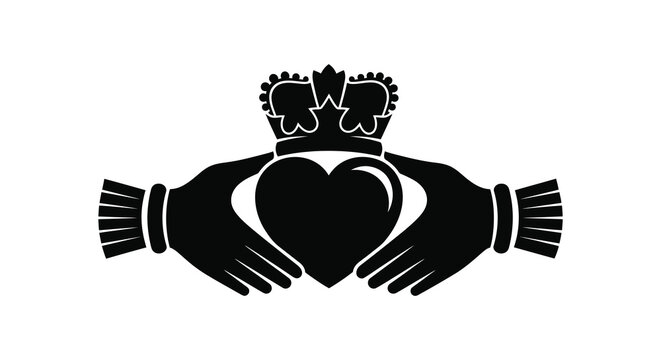 A striking black silhouette depicts clasped hands holding a heart surmounted by a crown silhouette high quality professional detailed