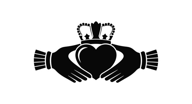 A striking black design showcases two hands clasping a heart crowned with a regal crown silhouette high quality professional
