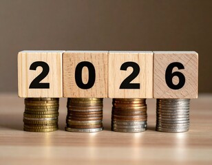 Wooden blocks spelling "2026" atop coin stacks, financial concept (1)
