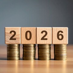 Wooden blocks spelling "2026" atop stacks of golden coins