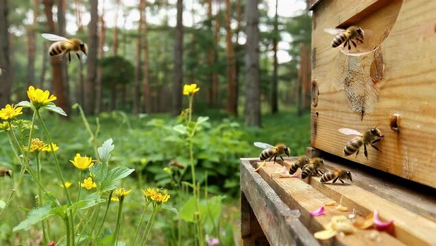 Slow motion 4K footage of a swarm of bees entering a hive collecting pollen and producing honey highlighting beekeeping agriculture and natural lifestyle concepts for wildlife or farming stock videos