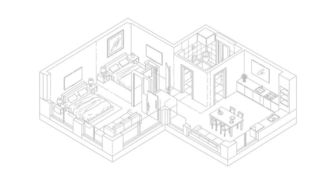 Isometric line drawing of a detailed apartment floor plan showing bedroom, living room, and kitchen areas with furniture layout.