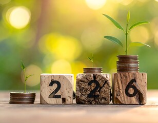 Growing plants on money stacks with wooden blocks numbered 2, 2, 6