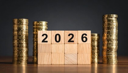 Stacked coins & wooden blocks with "2026" signify future finance