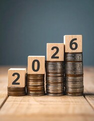 Coins stacked with wooden blocks showing year 2026, creating ascending steps