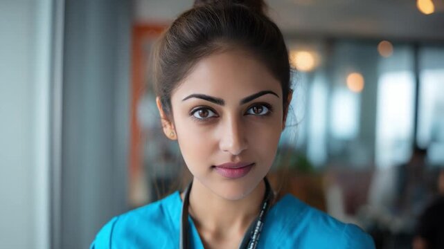 Confident Healthcare: A portrait of a focused woman in healthcare garb exudes professionalism and assurance, embodying trust and competence in a medical setting.