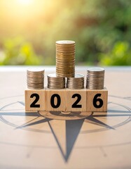 Stacks of coins on 2026 blocks, atop a compass, implying financial growth