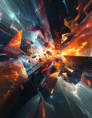 Abstract, chaotic explosion of geometric shapes in fiery hues
