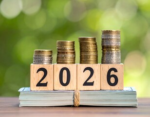 Stacks of coins atop wooden blocks spelling 2026, on cash, outdoors