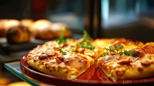 Pizza cut on red tray display heavily defocused background food presentation setup culinary styling visualization restaurant menu photography Italian cuisine arrangement with