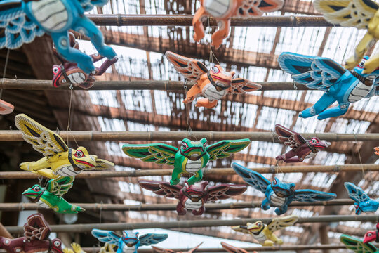 Colorful frogs with wings on ceiling at Nyoirinji Temple, Ogori