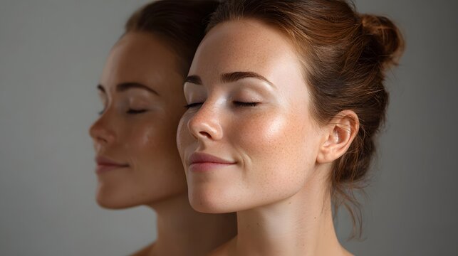 A serene woman with closed eyes her face softly illuminated with a subtle reflection suggesting self awareness