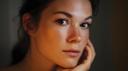 Naklejka premium Intimate close up portrait of a young woman with natural freckles bathed in dramatic warm low light