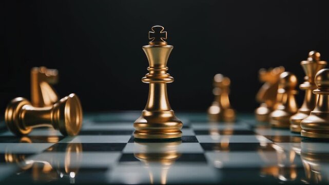 Strategic Chess Game - Hand Moves Golden King Piece for Checkmate Victory.