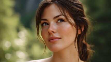 Fototapeta premium Close up portrait of a young woman with freckles looking upwards with a gentle smile in a natural outdoor setting