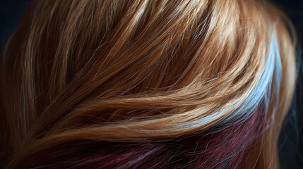 Fototapeta premium A close up view of richly colored layered hair with strands of blonde brown red and blue hues in dramatic lighting