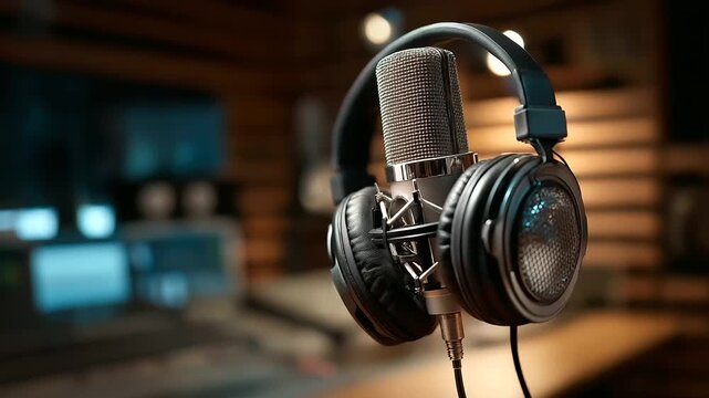 Studio condenser microphone with professional headphones heavily defocused acoustic panel background recording equipment setup audio production tools broadcast studio